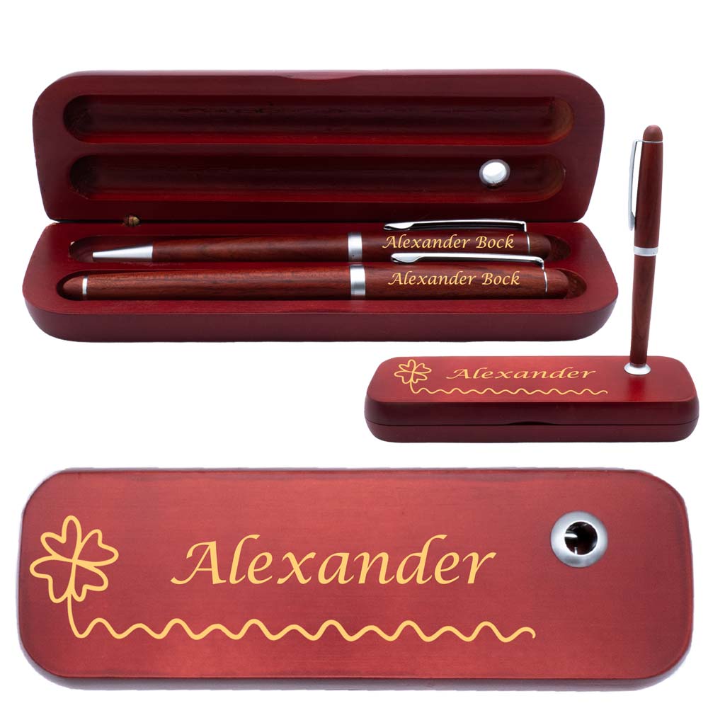 Holz Schreibset mit Box | Box, Kugelschreiber und Füllfederhalter mit Wunschgravur | Holzbox mit Kugelschreiberständer | blau schreibend