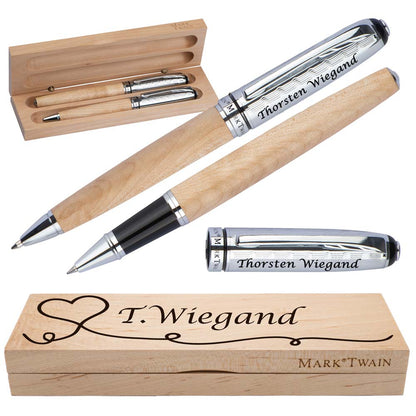 Mark Twain Schreibset aus Holz mit Box | Holzkorpus Drehkugelschreiber und Rollerball aus Metall mit Gravur | Großraummine blau schreibend | Box mit Wunschgravur
