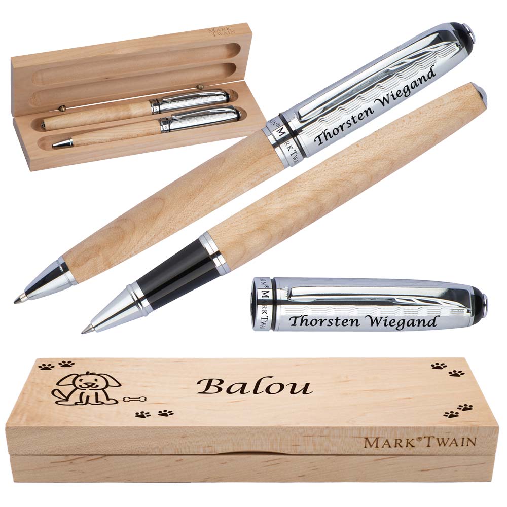 Mark Twain Schreibset aus Holz mit Box | Holzkorpus Drehkugelschreiber und Rollerball aus Metall mit Gravur | Großraummine blau schreibend | Box mit Wunschgravur