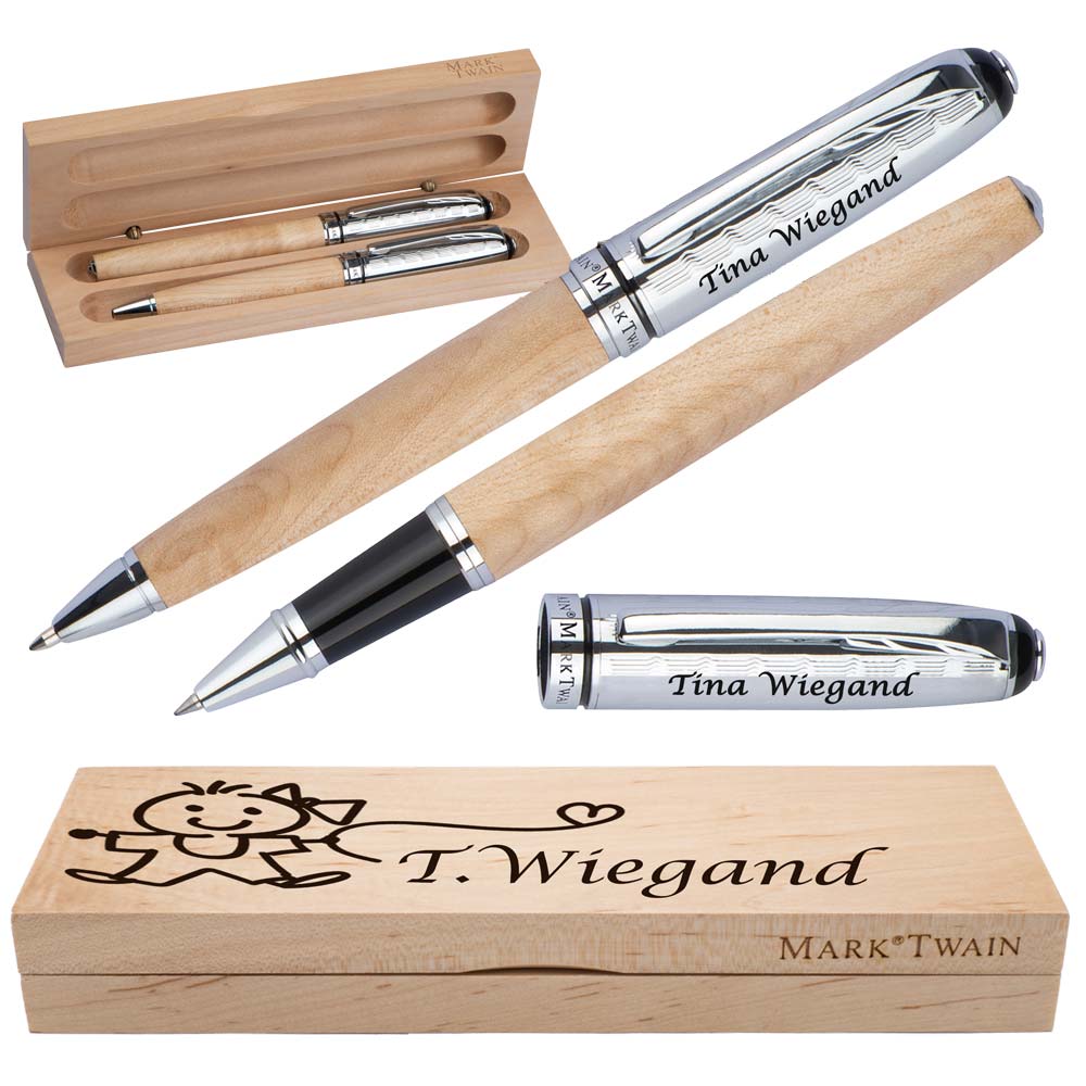 Mark Twain Schreibset aus Holz mit Box | Holzkorpus Drehkugelschreiber und Rollerball aus Metall mit Gravur | Großraummine blau schreibend | Box mit Wunschgravur