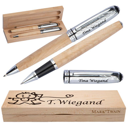 Mark Twain Schreibset aus Holz mit Box | Holzkorpus Drehkugelschreiber und Rollerball aus Metall mit Gravur | Großraummine blau schreibend | Box mit Wunschgravur