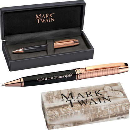 Kugelschreiber Mark Twain mit Gravur | Drehkugelschreiber mit Kupfer und blau schreibender Großraummine | Etui schwarze Lackoptik