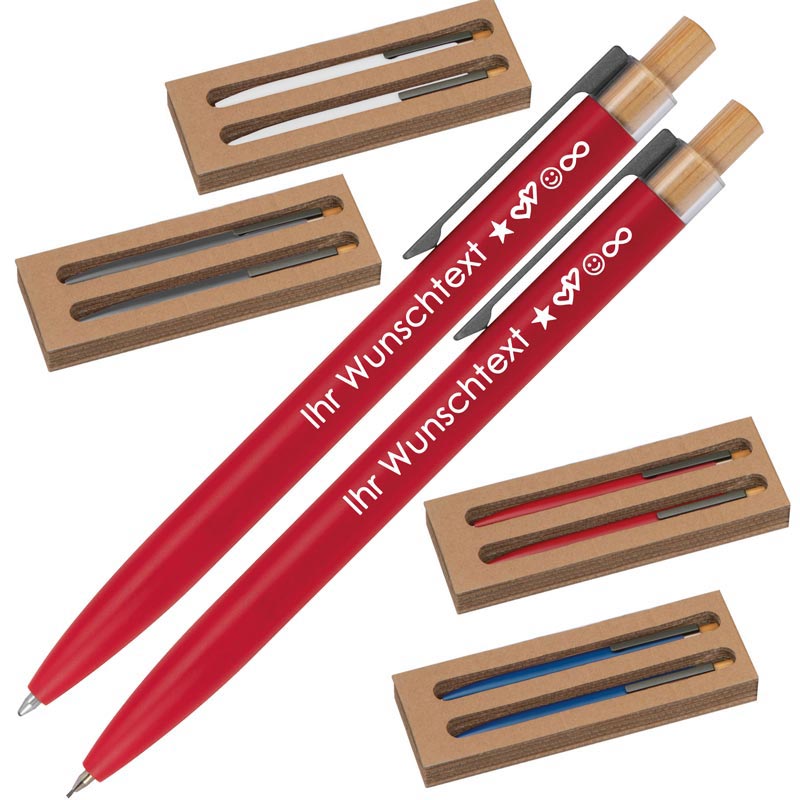 Schreibset mit Wunschgravur | Kugelschreiber und Druckbleistift | Bambusdrücker | recyceltes Aluminium | Blau schreibend  Schriftarten | Werbekugelschreiber Gravur