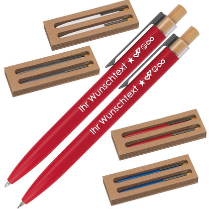 Schreibset mit Wunschgravur | Kugelschreiber und Druckbleistift | Bambusdrücker | recyceltes Aluminium | Blau schreibend  Schriftarten | Werbekugelschreiber Gravur