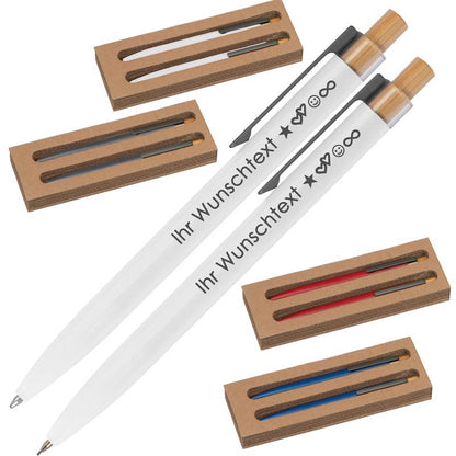 Schreibset mit Wunschgravur | Kugelschreiber und Druckbleistift | Bambusdrücker | recyceltes Aluminium | Blau schreibend  Schriftarten | Werbekugelschreiber Gravur