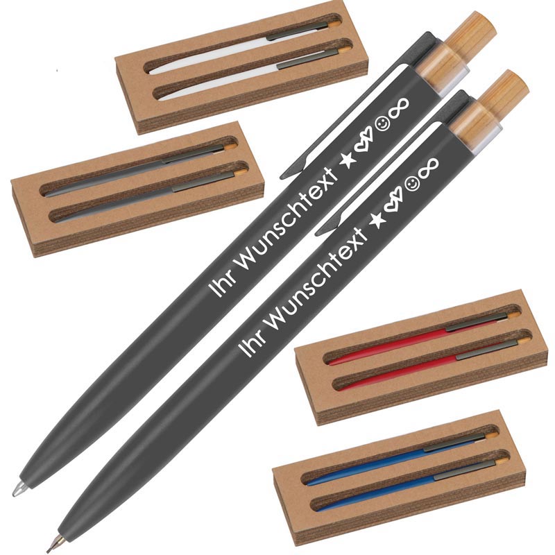 Schreibset mit Wunschgravur | Kugelschreiber und Druckbleistift | Bambusdrücker | recyceltes Aluminium | Blau schreibend  Schriftarten | Werbekugelschreiber Gravur