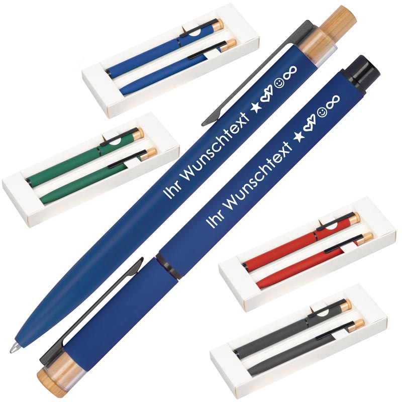 Schreibset mit Wunschgravur | Kugelschreiber und Rollerball | Bambusdrücker | recyceltes Aluminium | Blau schreibend  Schriftarten | Werbekugelschreiber Gravur