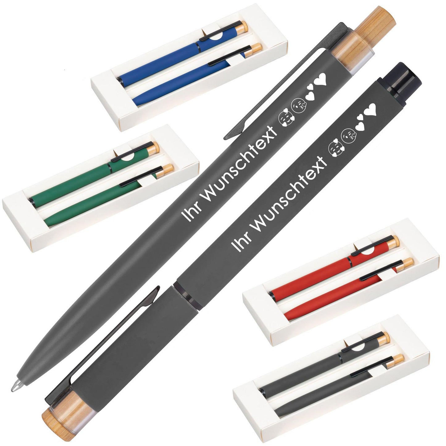 Schreibset mit Wunschgravur | Kugelschreiber und Rollerball | Bambusdrücker | recyceltes Aluminium | Blau schreibend  Schriftarten | Werbekugelschreiber Gravur