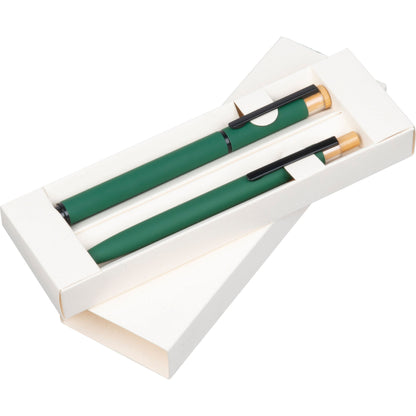 Schreibset mit Wunschgravur | Kugelschreiber und Rollerball | Bambusdrücker | recyceltes Aluminium | Blau schreibend  Schriftarten | Werbekugelschreiber Gravur