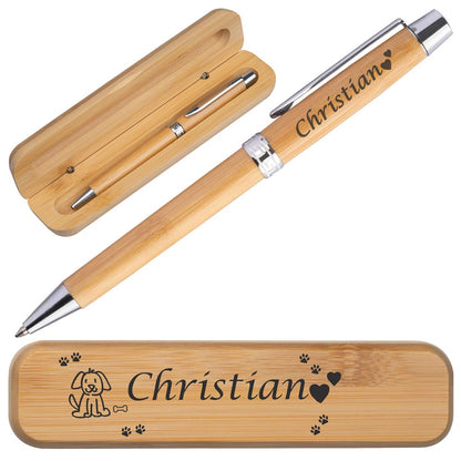 Personalisierter Bambus-Kugelschreiber mit Etui | Kugelschreiber mit Wunschgravur | Bambus Eui mit Gravur | Blau schreibend | verschiedene Motive