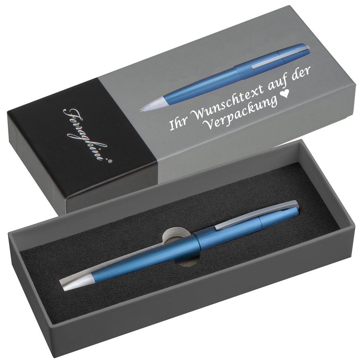 Ferraghini Drehkugelschreiber mit Wunschgravur | Edelstahl mit silbernen Applikationen | blau schreibende Großraummine | inkl. Gravur auf Box | Kugelschreiber mit Gravur