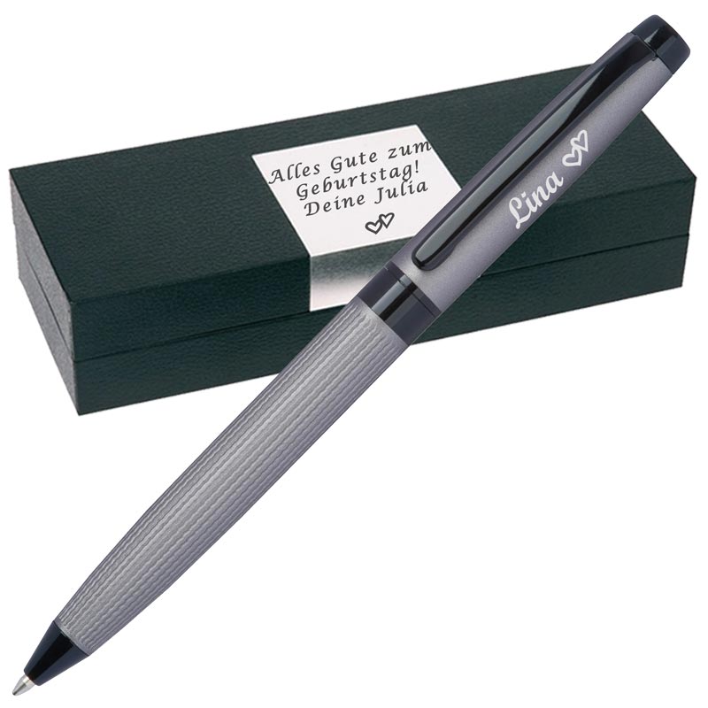 CrisMa Drehkugelschreiber aus Edelstahl mit Gravur | Geschenkbox inkl. Gravur | Edelstahl | matt-grau | blau schreibende Großraummine | mattes Design