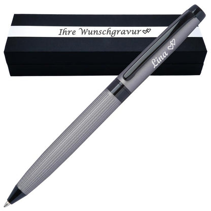 CrisMa Drehkugelschreiber aus Edelstahl mit Wunschgravur | Geschenkbox inkl. Gravur | Edelstahl | matt-grau | blau schreibende Großraummine | mattes Design