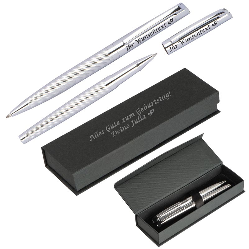 Schreibset aus Metall mit Wunschgravur | Kugelschreiber und Rollerball | blau schreibend | schwarze Geschenkverpackung mit Gravur | chromglänzendem Metall