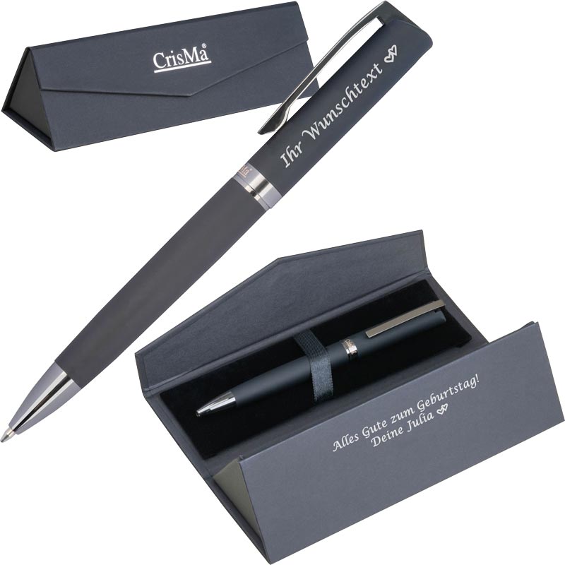 CrisMa Kugelschreiber aus gummierter Oberfläche mit Gravur | Edelstahl, Messing | in schwarzemn Etui inkl. Wunschgravur | blau schreibende Großraummine | mattes Design