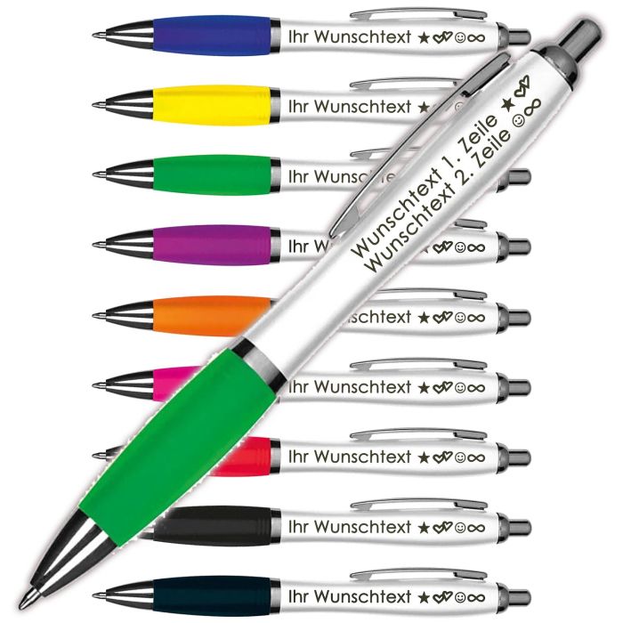 Kugelschreiber mit Wunschgravur | Weißer Schaft & Metallclip | Blaue Großraummine | Farbige Gummimanschette | 2 Zeilen Gravur möglich | Werbegeschenk | 9 Farben