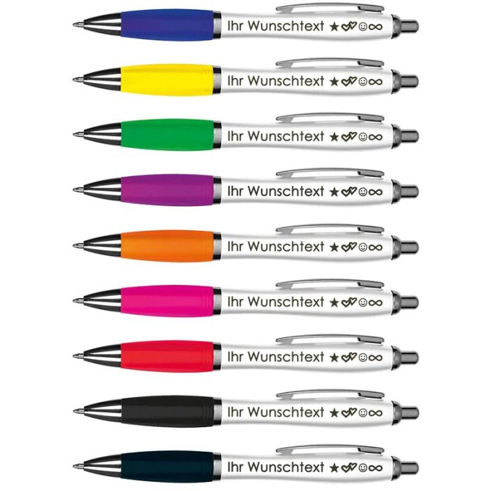 Kugelschreiber mit Wunschgravur | Weißer Schaft & Metallclip | Blaue Großraummine | Farbige Gummimanschette | 2 Zeilen Gravur möglich | Werbegeschenk | 9 Farben