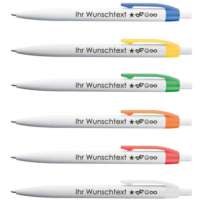 Kugelschreiber mit Lasergravur | Weißer Schaft & Farbig glänzender Clip | Blau schreibende Großraummine | Zweizeilige Gravur | Modernes Design | Trendiges Werbegeschenk | 6 Farben