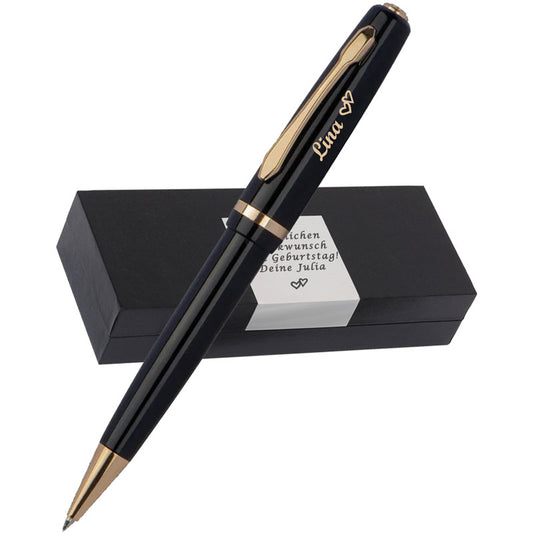 Eleganter Metall Kugelschreiber mit Gravur als Geschenk & Symbol mit Geschenkverpackung – Goldene Details & blaue Mine