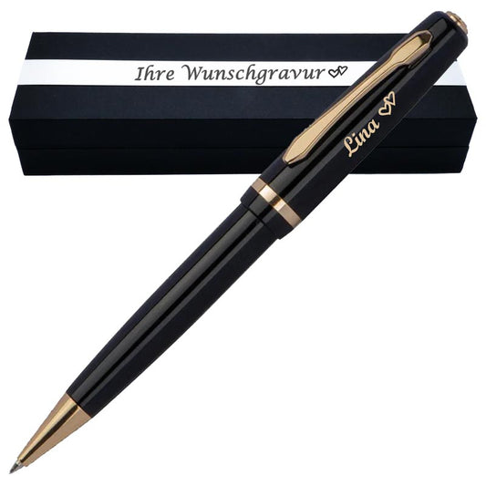 Eleganter Metall Kugelschreiber mit Gravur als Geschenk & Symbol mit Geschenkbox – Goldene Details & blaue Mine