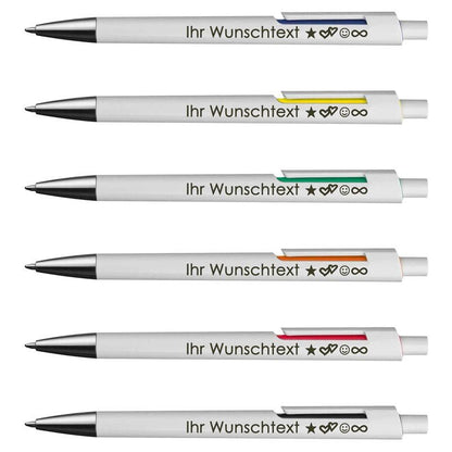 Kugelschreiber mit weißem Schaft & farbigen Applikationen | Blaue Großraummine für flüssiges Schreiben | Wunschgravur | Personalisierter Kugelschreiber als Geschenkidee | 6 Farben