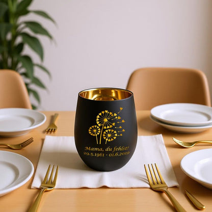 Personalisiertes Windlicht mit Gravur | Motivwahl: Herz, Blume, Ring, Taube | Name + Spruch auf Glas | Geschenk für Frauen, Mama &amp; Paare | Hochzeit, Geburtstag, Valentinstag | Schwarz