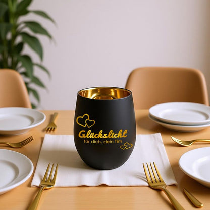 Personalisiertes Windlicht mit Gravur | Motivwahl: Herz, Blume, Ring, Taube | Name + Spruch auf Glas | Geschenk für Frauen, Mama &amp; Paare | Hochzeit, Geburtstag, Valentinstag | Schwarz