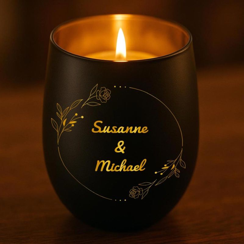 Personalisiertes Windlicht mit Gravur | Motivwahl: Herz, Blume, Ring, Taube | Name + Spruch auf Glas | Geschenk für Frauen, Mama &amp; Paare | Hochzeit, Geburtstag, Valentinstag | Schwarz
