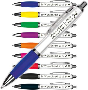 Kugelschreiber mit Wunschgravur | Weißer Schaft & Metallclip | Blaue Großraummine | Farbige Gummimanschette | 2 Zeilen Gravur möglich | Werbegeschenk | 9 Farben