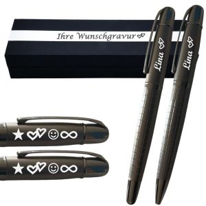 Edles 2er Schreibset in edler Gun-Metal-Optik – Mit Wunschgravur, Symbolen & elegantem Muster – Persönliches Geschenk