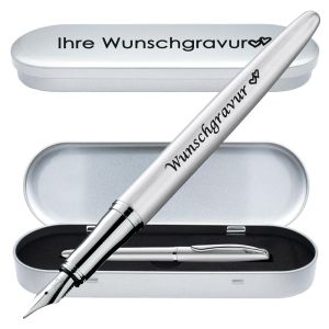Pelikan Füllhalter Jazz® Noble Elegance mit Gravur als Geschenk | inkl. Etui mit Wunschgravur (Platz für 10 Stifte) | Emojis Gravur möglich | Farbe Silber | personalisiert mit Wunschgravur 