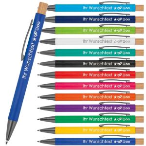 Kugelschreiber mit Wunschgravur | recyceltes Aluminium | Bambusdrücker | Personalisierte Kulis | 13 Farben | Schriftarten | Werbekugelschreiber Gravur