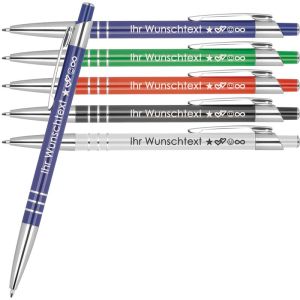 Kugelschreiber mit Wunschgravur | recyceltes Aluminium | Blau schreibende | 3 Zierringe | Personalisierte Kulis | 5 Farben | Schriftarten | Werbekugelschreiber Gravur