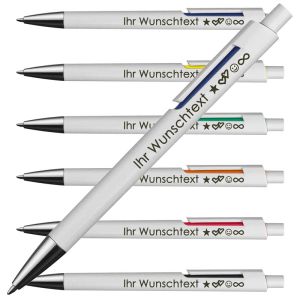 Kugelschreiber mit weißem Schaft & farbigen Applikationen | Blaue Großraummine für flüssiges Schreiben | Wunschgravur | Personalisierter Kugelschreiber als Geschenkidee | 6 Farben